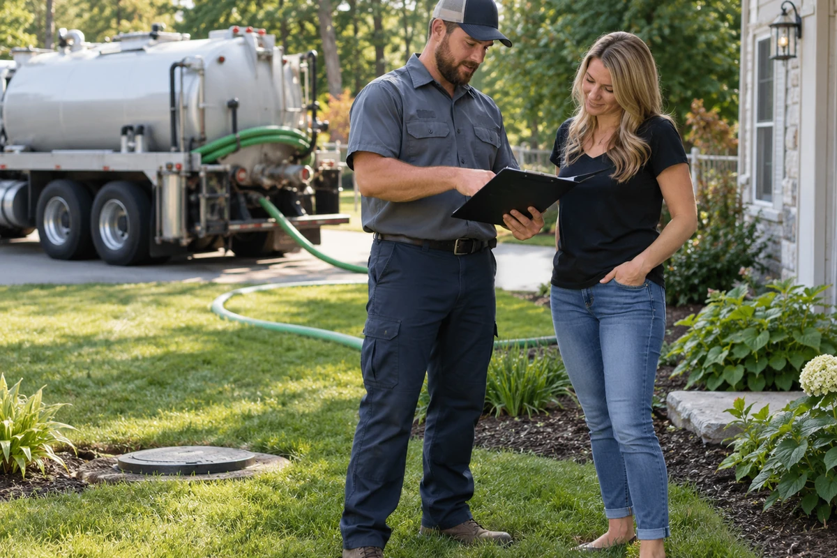 Technician documenting septic maintenance and checking the drainfield or system access area in Burlington, KY
