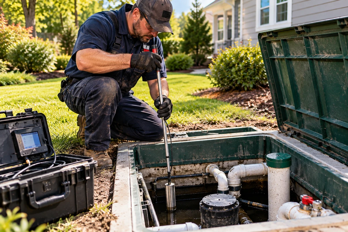 Technician documenting commercial pumping volumes, access points and service completion in Northern Kentucky