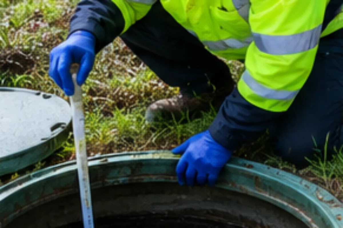 Technician verifying repaired septic tank integrity before closing the access in Covington, KY