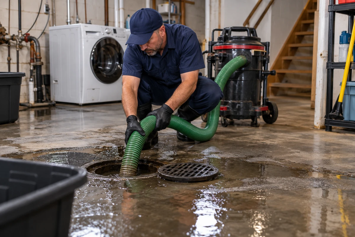 Professional inspection and adjustment of pump floats inside a septic chamber in Northern Kentucky