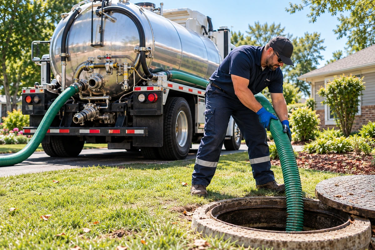 Technician mechanically cleaning roots and buildup from a septic inlet line in Covington, KY