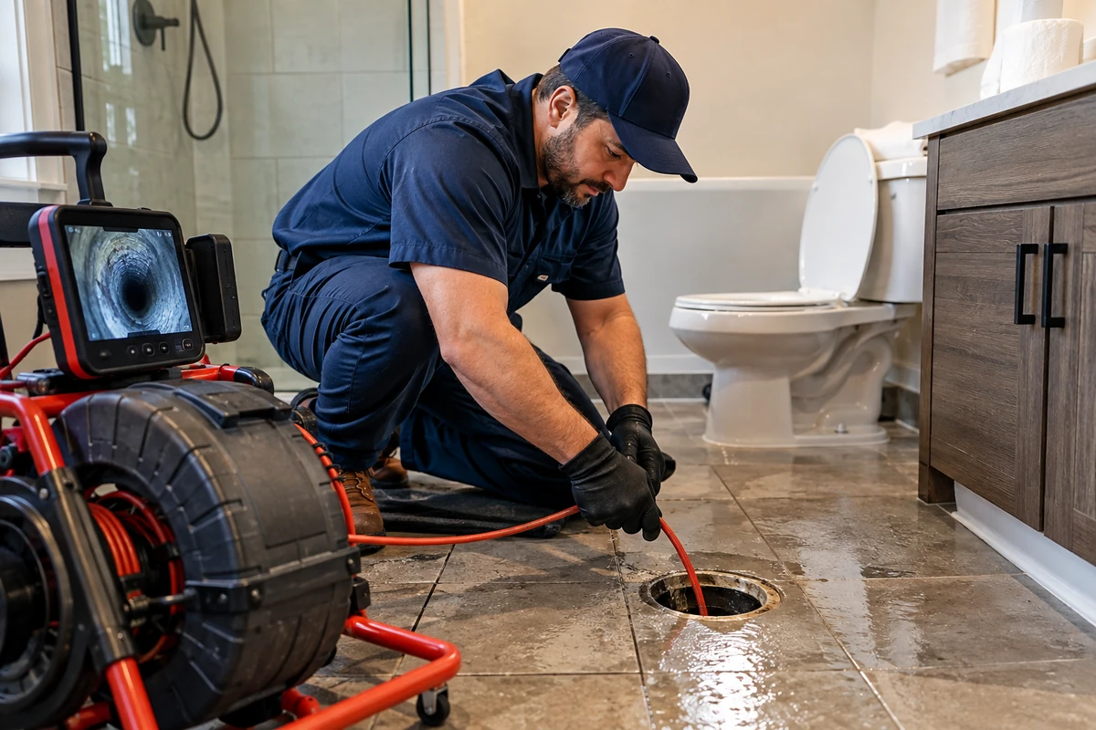 Technician verifying clear flow through septic line after cleaning in Covington, KY