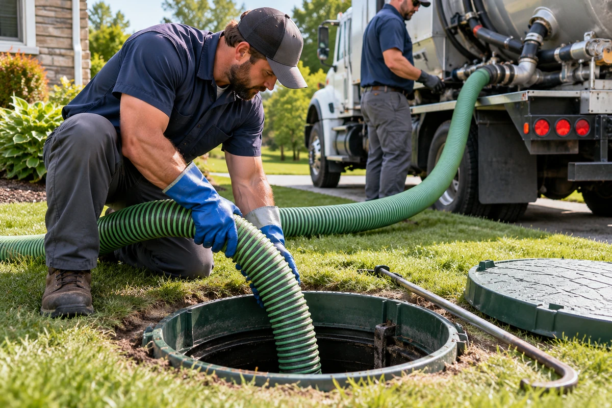 Technician documenting septic maintenance and checking the drainfield or system access area in Walton, KY